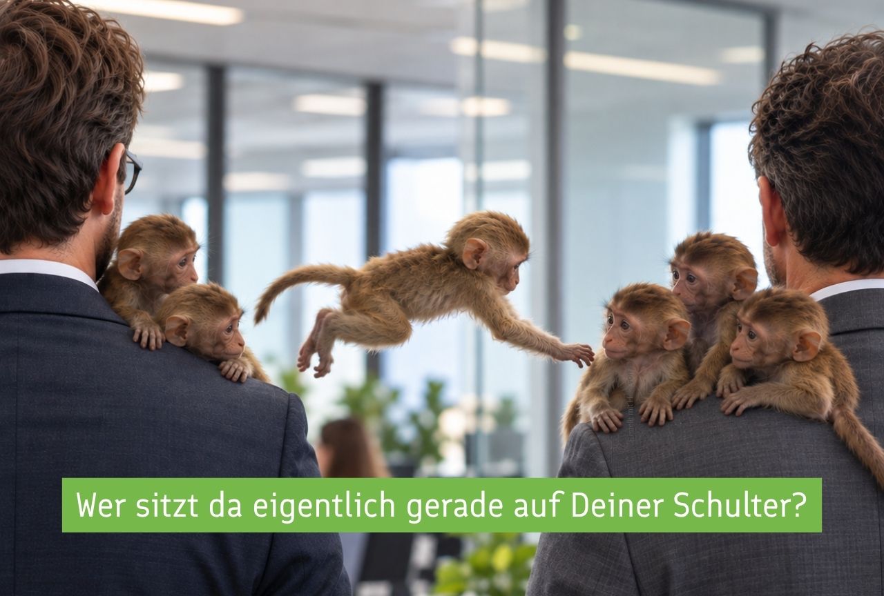 Klammer-Affe auf der Schulter als Metapher für übernommene Aufgaben und Rückdelegation