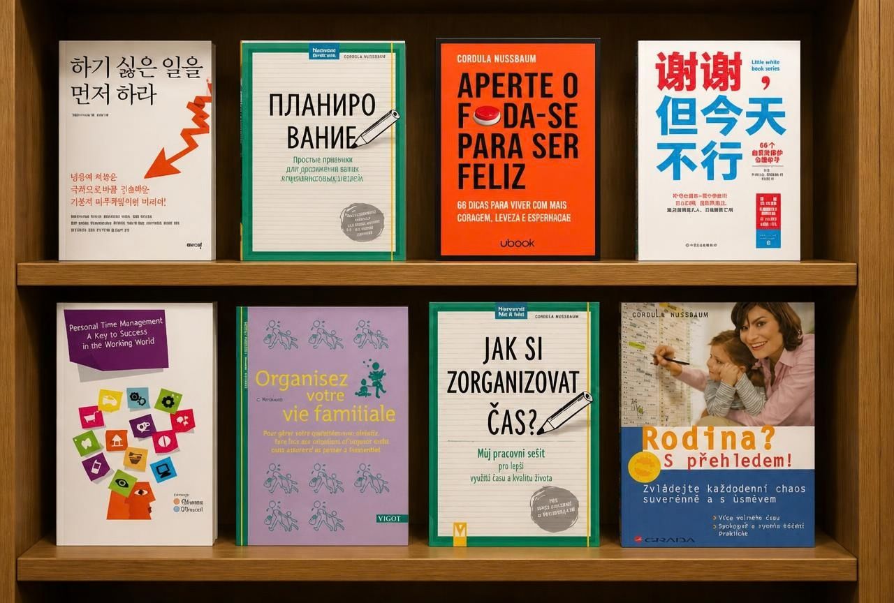 Bücher Cordula Nussbaum international Die fremdsprachigen Ausgaben von Cordula Nussbaums Büchern im Regal, unter anderem auf Koreanisch, Chinesisch und Französisch